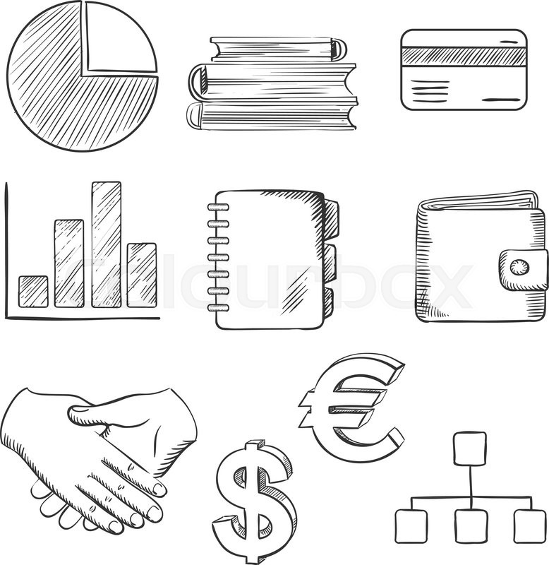 778x800 Sketched Business Icons With A Pie And Bar Graph, Dollar And Euro - Bar Graph Sketch