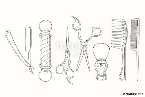 500x334 Hand Drawn Barber Shop Set In Sketch Style. Razor, Scissors - Barber Sketch