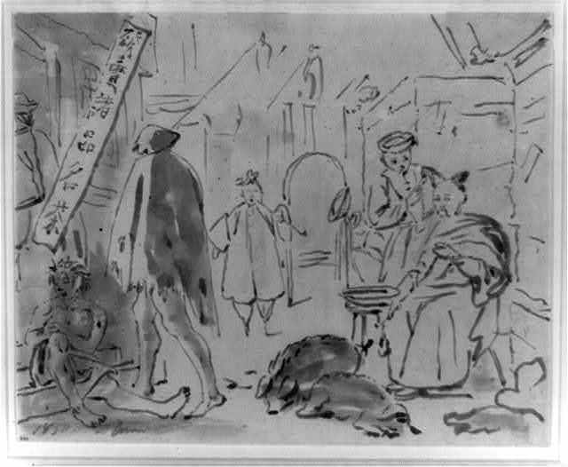 640x526 Sketch Showing A Street Scene In Front Of A Tea House, With A - Barber Sketch