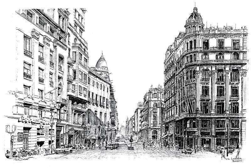 800x536 Via Laietana, Barcelona Sketch (Pen And Ink) By Paul D. Art - Barcelona Sketch