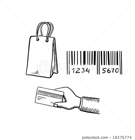 450x468 Shopping Bag, Credit Card And Barcode Sketches - Barcode Sketch