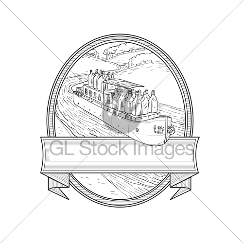 500x500 Gin Bottles On Barge River Oval Line Drawing Gl Stock Images - Barge Sketch