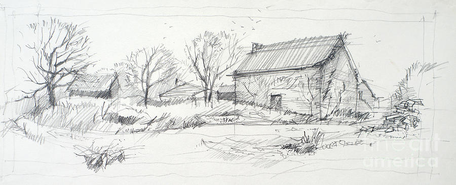900x365 Old Barn Sketch Drawing By Peut Etre - Barn Sketch