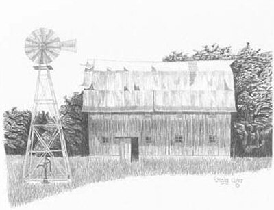 400x307 Old Barn Amp Windmill Pencil Sketch - Barn Sketch