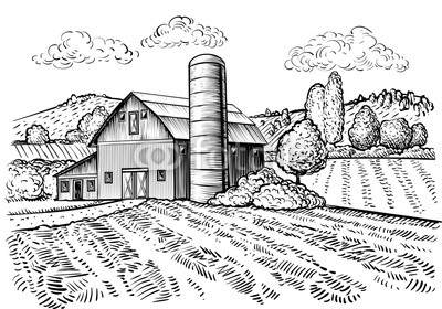 400x280 Rural Landscape, Farm Barn And Windmill Sketch. Hand Draw - Barn Sketch