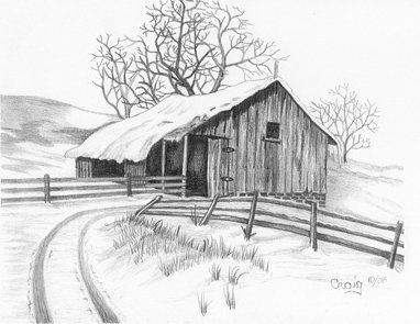 382x295 Vintage Barn With Snow Covered Lane Pencil Sketch - Barn Sketch