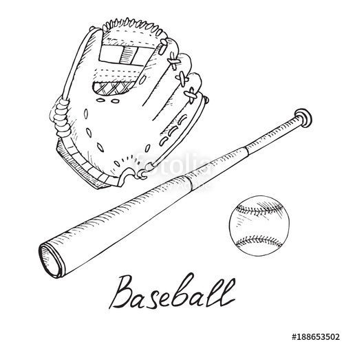 500x500 Baseball Equipment Set Ball, Bat And Glove, Hand Drawn Doodle - Baseball Ball Sketch