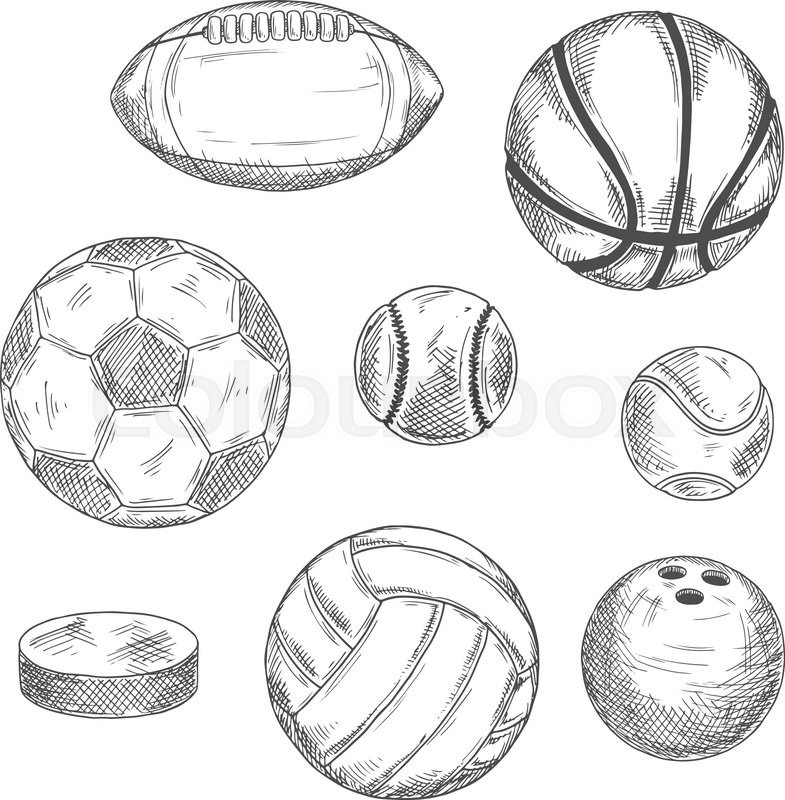 785x800 Engraving Sketch Drawings Of Sporting Balls And Ice Hockey Puck - Baseball Ball Sketch