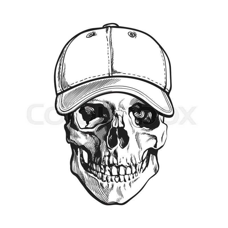 800x800 Hand Drawn Human Skull Wearing Black And White Unlabelled Baseball - Baseball Hat Sketch