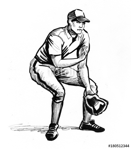 438x500 Ink Drawing Of A Baseball Player Stock Photo And Royalty Free - Baseball Player Sketch