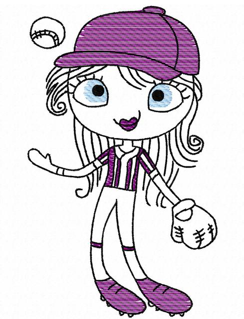 489x640 Swirly Girl Softball Or Baseball Player Sketch Embroidery Design - Baseball Player Sketch