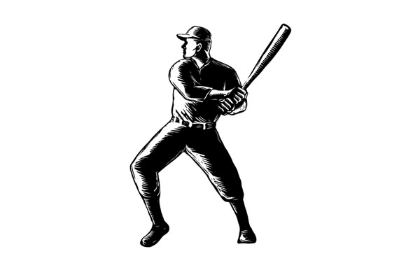 580x386 Baseball Player Batting Woodcut Black And White - Baseball Player Sketch