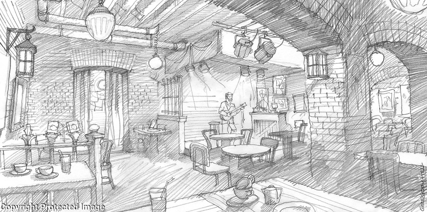 850x422 Inside Llewyn Davis Sketch Of The Gaslight Interior Gregory Hill - Basement Sketch
