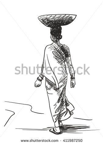 338x470 Indian Woman Carrying Basket On Head, Hand Drawn Sketch, Vector - Basket Sketch