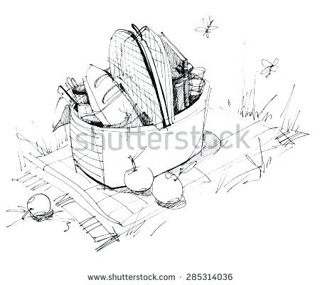 450x400 Picnic Basket Drawing Picnic Basket On The Grass Drawing Sketch - Basket Sketch