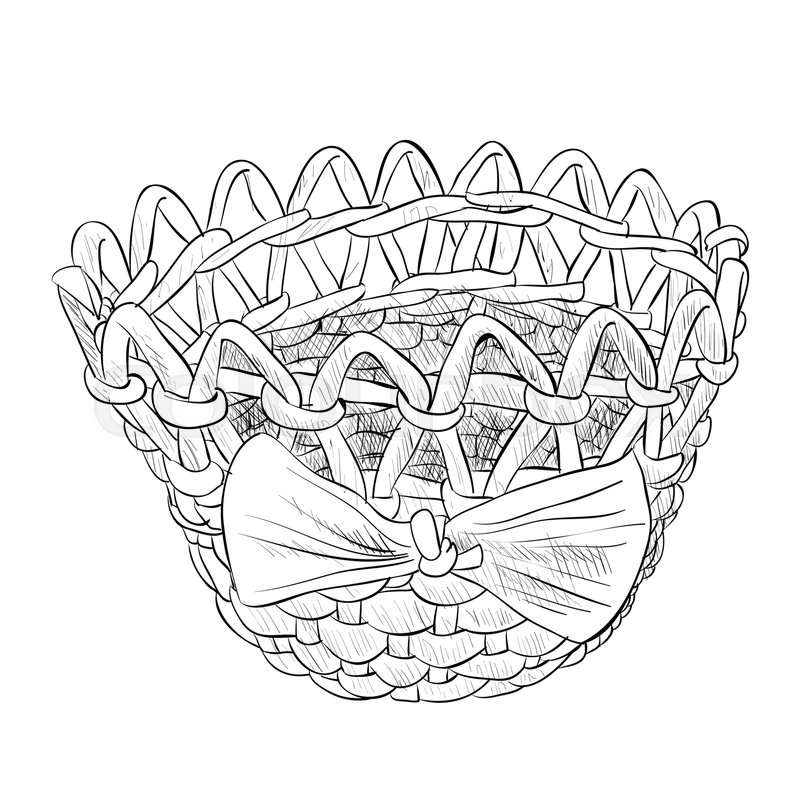 800x800 Vector Sketch Of Wicker Basket With Ribbon. Hand Draw Illustration - Basket Sketch