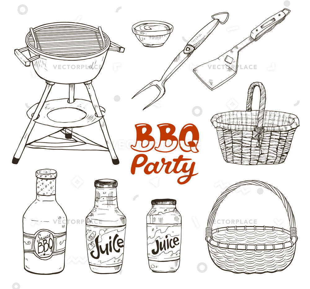 1000x932 Bbq Party Hand Drawn Outdoor Grill Vector Illustration 75603 - Basket Sketch