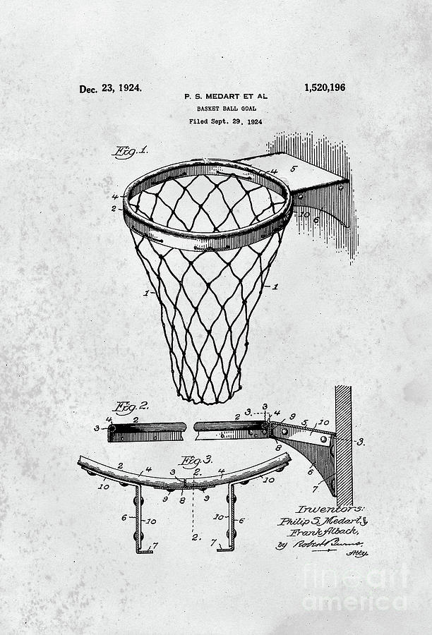 612x900 1924 Basketball Goal Patent Black And White Digital Art By John - Basketball Goal Sketch