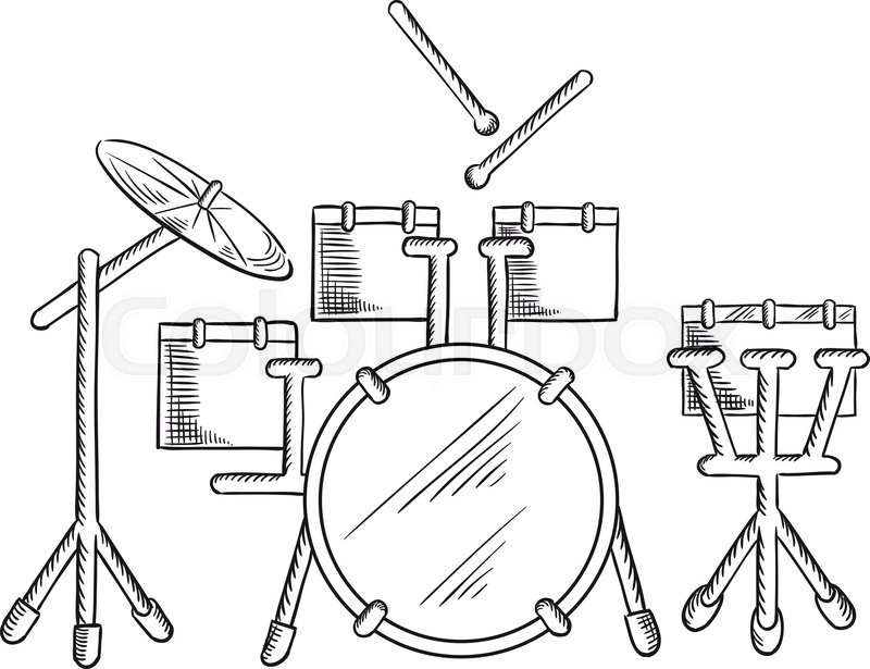 800x615 Drum Set Sketch With Traditional Kit Of Bass Drum, Two Hanging - Bass Drum Sketch