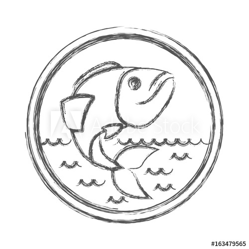 500x500 Blurred Sketch Silhouette Of Circular Emblem With Waves Of Sea And - Bass Fish Sketch