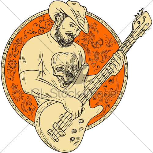 500x500 Cowboy Playing Bass Guitar Circle Drawing Gl Stock Images - Bass Guitar Sketch