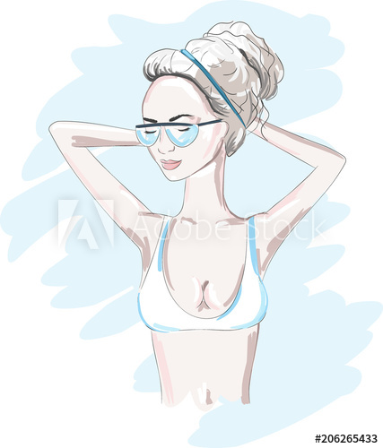 427x500 Hand Drawn Beautiful Woman Portrait In A Bathing Suit. Fashionable - Bathing Suit Sketches