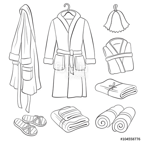 500x500 Sauna Accessories Sketch. Hand Drawn Spa Bathrobes And Towels - Bathrobe Sketch