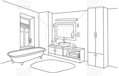 400x256 Bathroom Interior Line Sketch. Bath Room Furniture Set Vector - Bathroom Sketch
