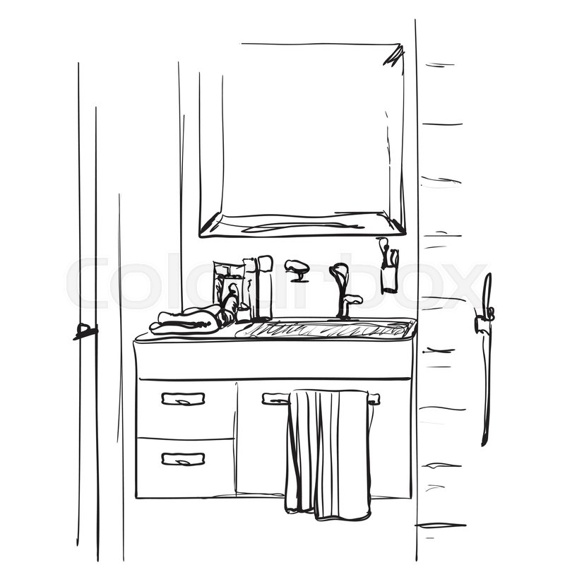 800x800 Bathroom Interior Sketch. Hand Drawn Washbasin, Mirror And Tap - Bathroom Sketch