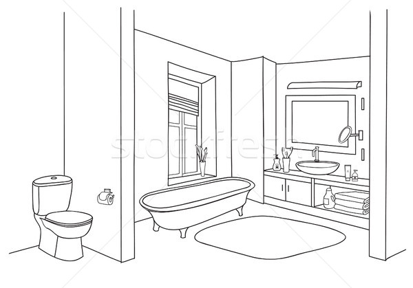 600x419 Bathroom Interior Sketch. Room View, Doodle Drawn Bath Furniture - Bathroom Sketch