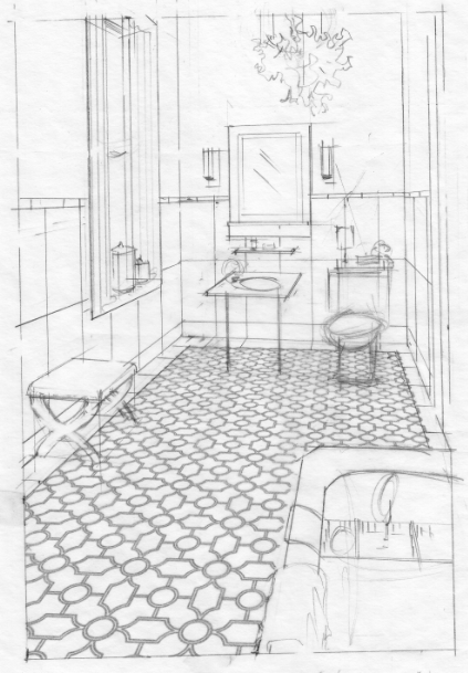423x609 Rough Bathroom Sketch Hand Rendering Interior - Bathroom Sketch