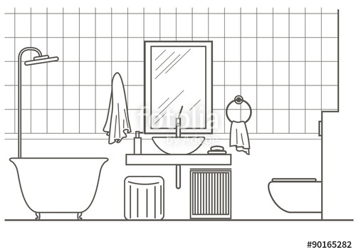 500x354 Architectural Linear Sketch Bathroom Interior Front View Stock - Bathroom Sketch