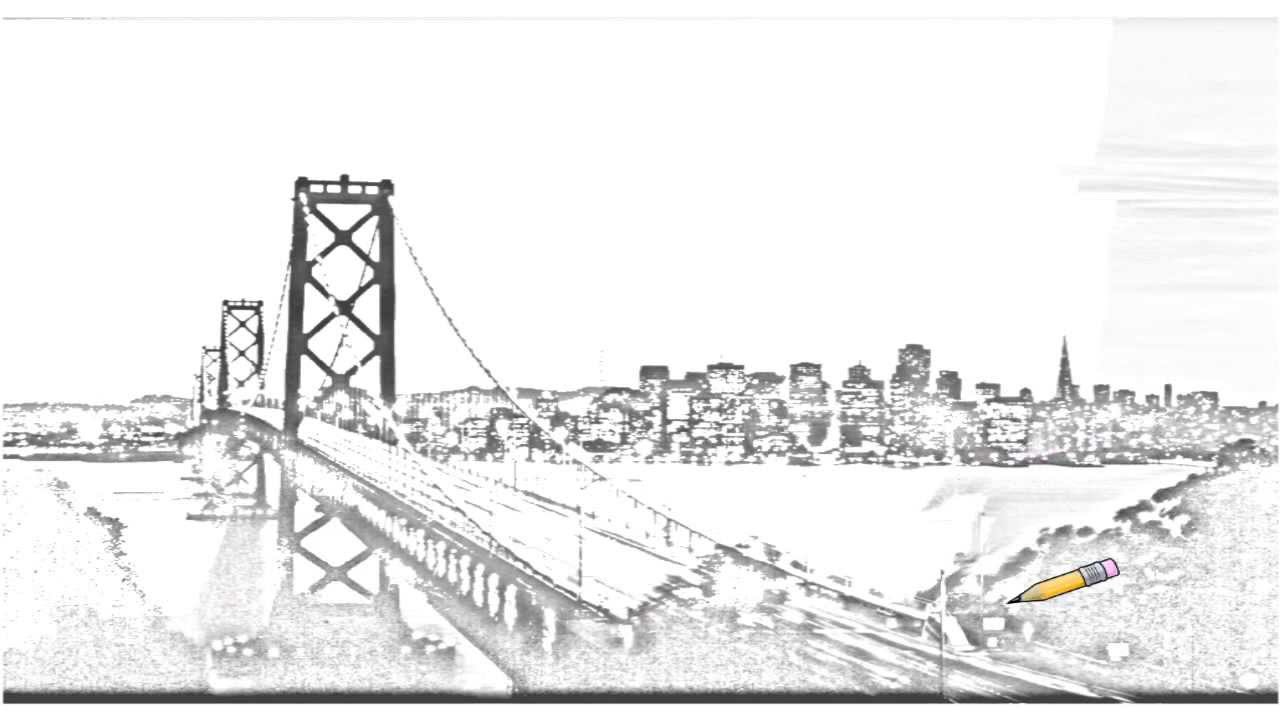1280x720 Auto Draw 2 Bay Bridge At Sunset, San Francisco, California - Bay Bridge Sketch