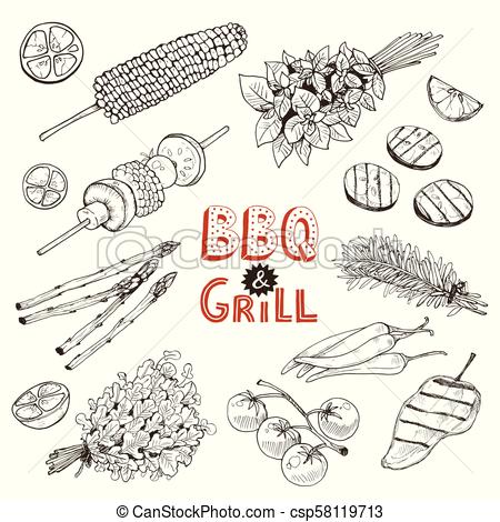 450x470 Grill Time. Hand Drawn Bbq Vegetables Sketches Isolated On White - Bbq Sketch