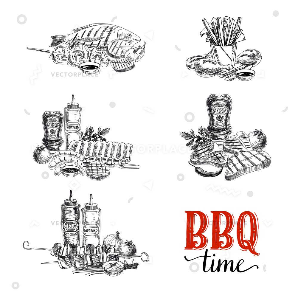 1000x1000 Set Barbecue Grill Elements Sketch Style Vector Illustration 26074 - Bbq Sketch