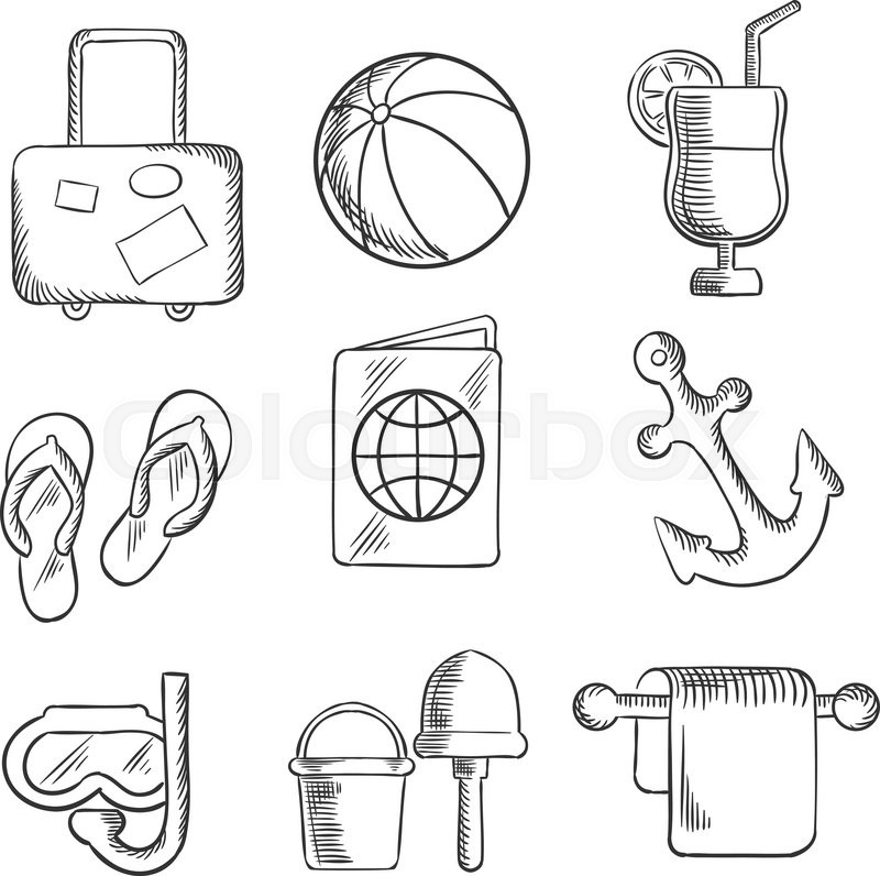 800x796 Summer Vacation And Travel Sketched Icons Depicting Luggage,beach - Beach Ball Sketch