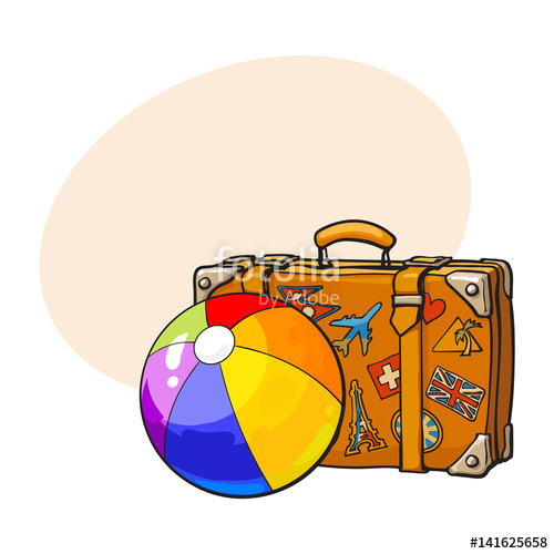 500x500 Travel Suitcase With Labels And Rainbow Colored Inflatable Ball - Beach Ball Sketch
