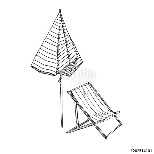 500x500 Beach Striped Closed Umbrella And Deck Chair, Beach Furniture Set - Beach Chair Sketch