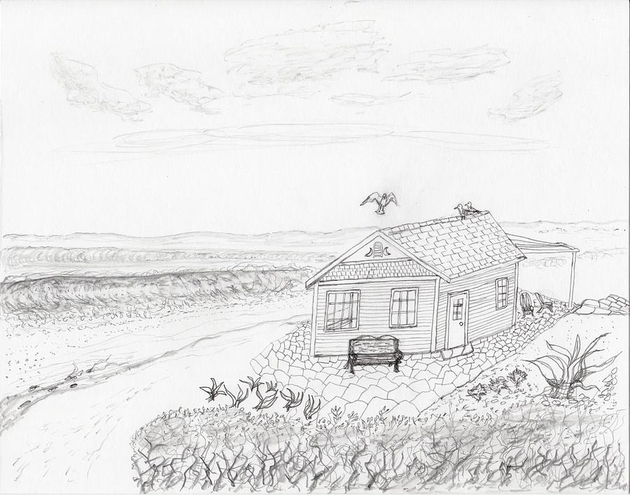 900x707 Little Beach Cottage Drawing By Jim Taylor - Beach Hut Sketch