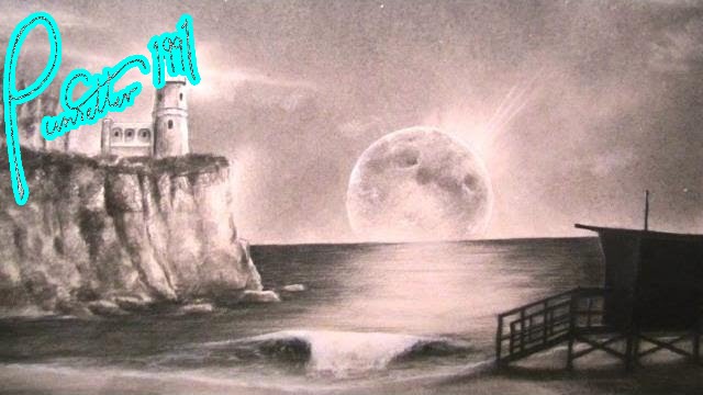 640x360 Night Beach Landscape Drawing - Beach Landscape Sketch