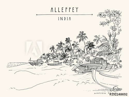 500x375 Alleppey Beach, Alappuzha, Kerala, South India. Retro Travel - Beach Landscape Sketch