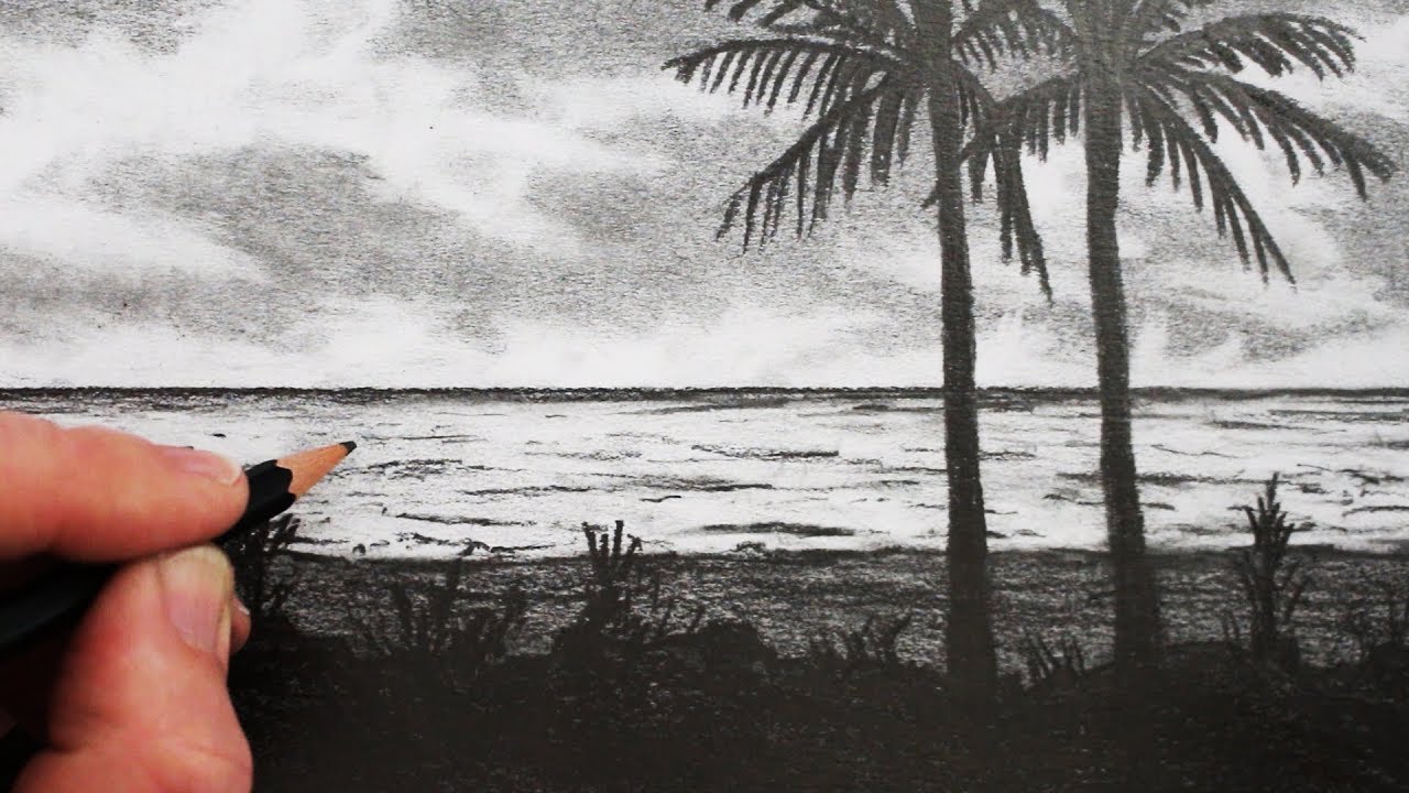 1280x720 How To Draw A Beach Pencil Drawing Step By Step - Beach Pencil Sketch