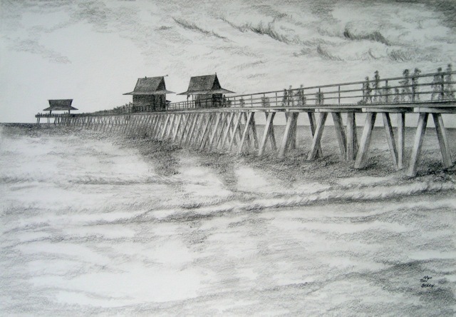 640x444 Ron Berry Artwork Pier Rendering Original Drawing Pencil - Beach Pencil Sketch