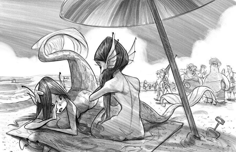 800x518 Mermaids At The Beach [Sketch] By Curly Artist - Beach Sketch