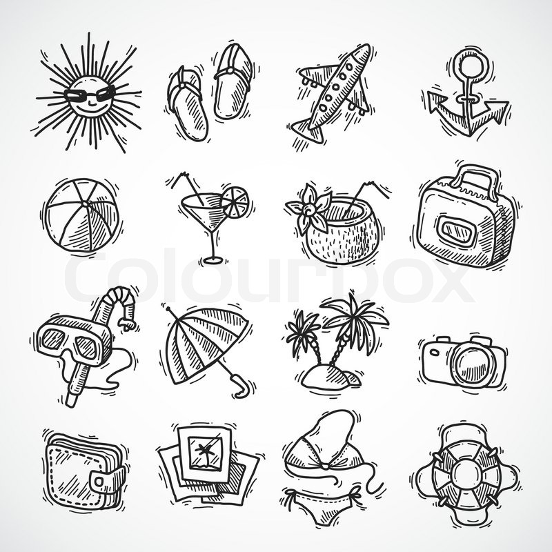 800x800 Summer Vacation Beach Travel Sketch Decorative Icons Set With Palm - Beach Sketch