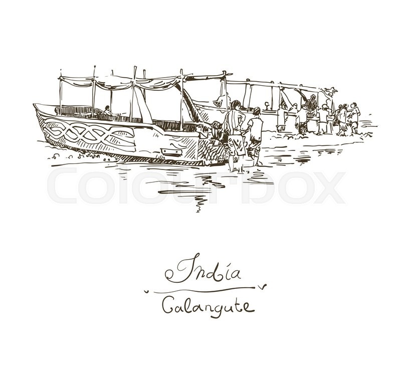 800x736 India Calangute Beach Sketch Drawing With Two Boats Ashore, Retro - Beach Sketch Images
