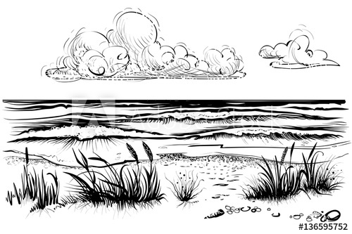 500x333 Ocean Or Sea Beach With Stormy Waves, Grass And Cloud, Sketch - Beach Sketch Images