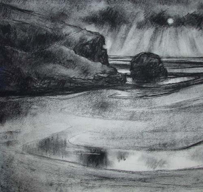 400x379 Charcoal, Sketch Looking Across The Beach - Beach Sunset Sketch