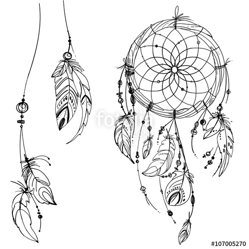500x500 Dreamcatcher, Set Of Ornaments, Feathers And Beads. Native - Beads Sketch