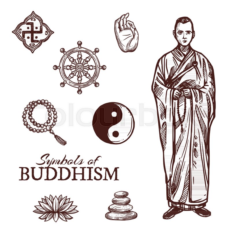 800x800 Buddhism Religion Sketch Symbols. Vector Icons Of Buddha Hand And - Beads Sketch